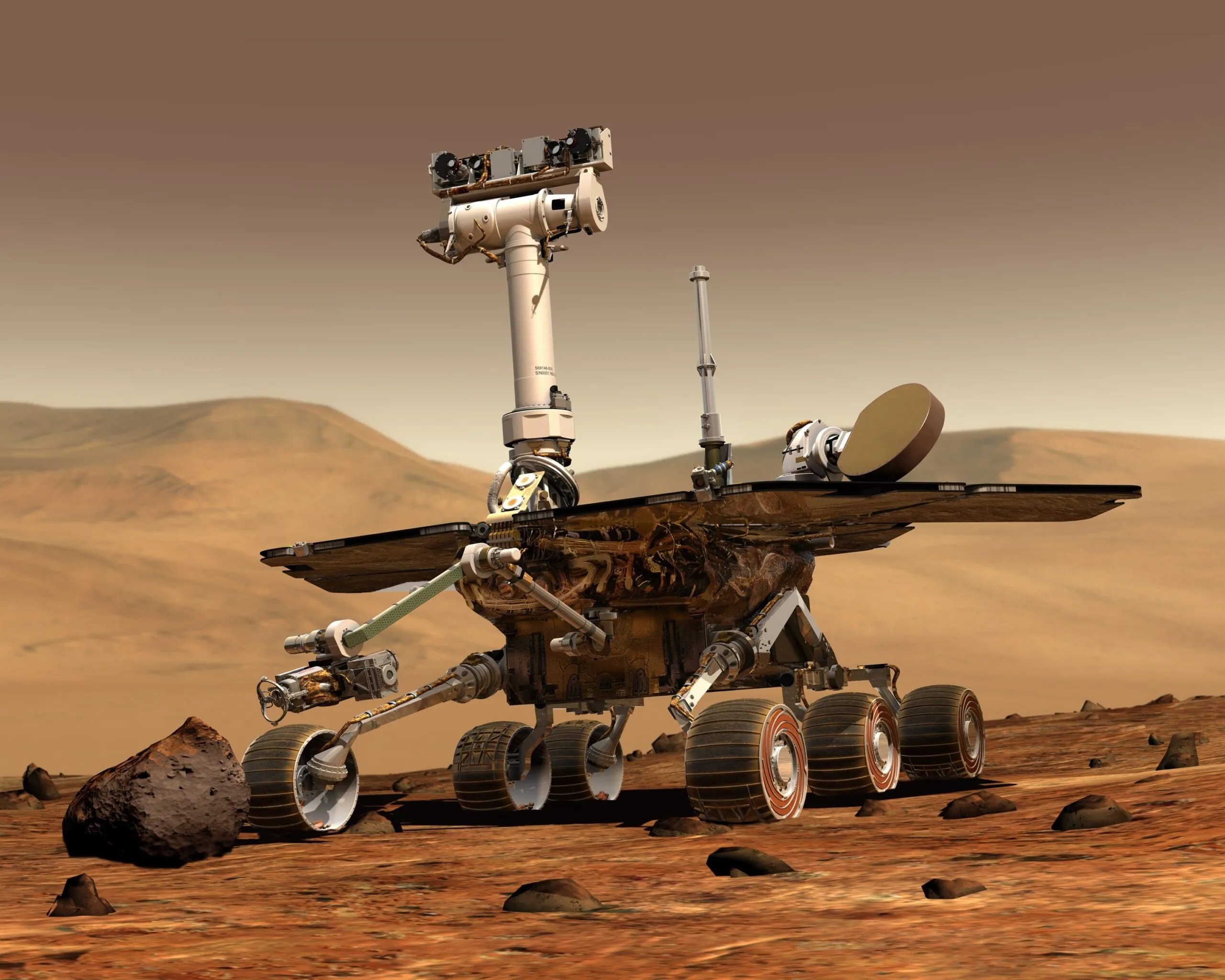 A robotic rover sitting on the surface of Mars.